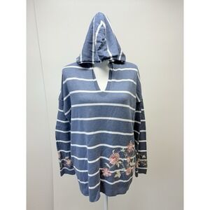 J. Jill Striped Knit‎ Hooded Tunic Top Long Sleeve Pullover Large Embroidery